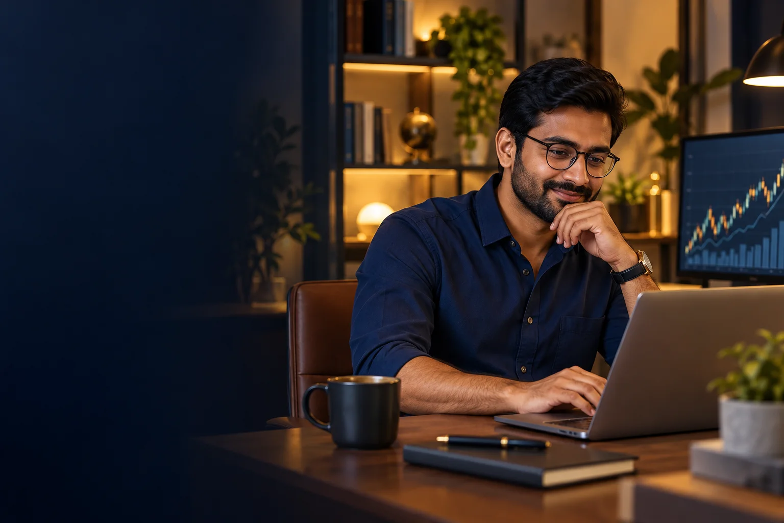Working professional researching equity investments at a laptop